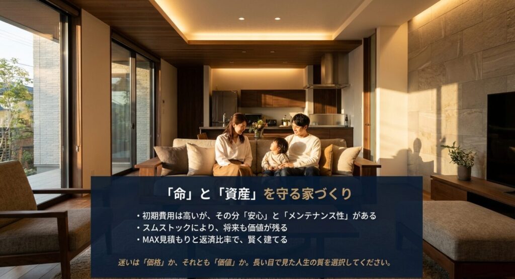 画像タイトル: 積水ハウスを選ぶことの意味と価値
代替テキスト: 「命と資産を守る家づくり」というタイトルのまとめスライド。安心、メンテナンス性、資産価値、賢い建て方の4つのポイントを箇条書きで記している。