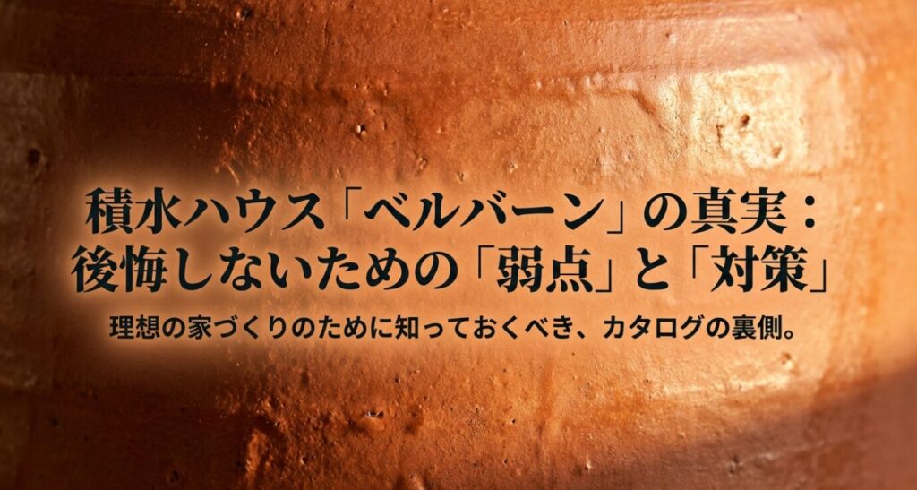 画像タイトル： 積水ハウス「ベルバーン」の真実・後悔しないための対策


代替テキスト： 積水ハウス「ベルバーン」の真実と題し、後悔しないための弱点と対策について解説するタイトルスライド