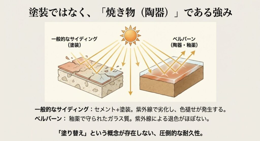 画像タイトル： ベルバーンと一般的なサイディングの耐久性比較 
+1


代替テキスト： 塗装である一般的なサイディングに対し、ベルバーンは焼き物（陶器・釉薬）のため紫外線による退色がほぼないことを図解したスライド 。