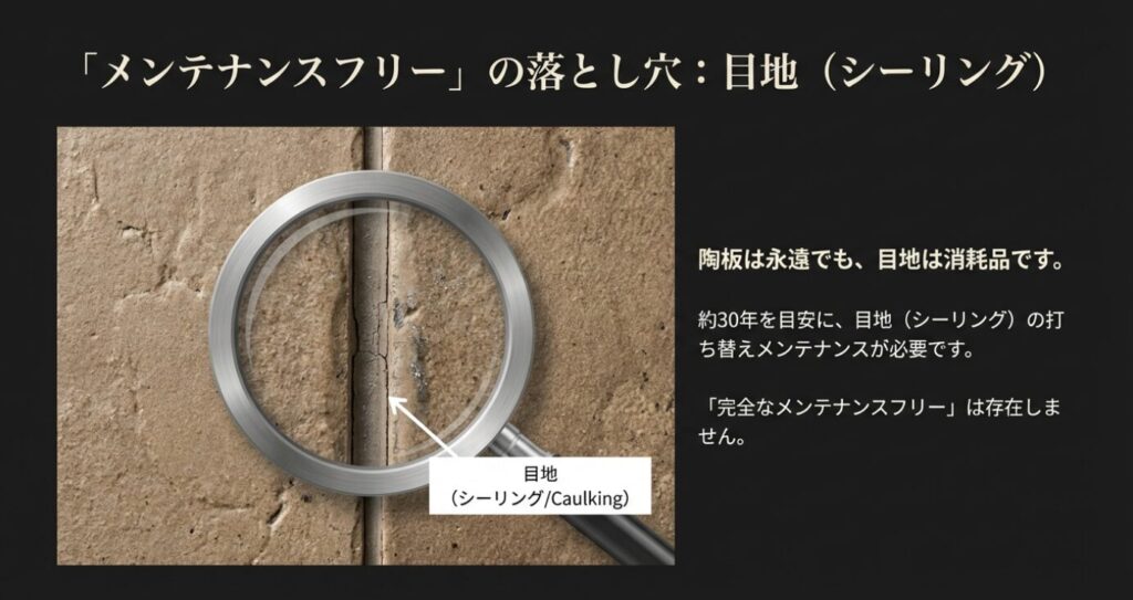 画像タイトル： 目地（シーリング）のメンテナンス時期 
+1


代替テキスト： 陶板は永遠でも目地は消耗品であり 、約30年を目安に打ち替えメンテナンスが必要であることを示すスライド 。