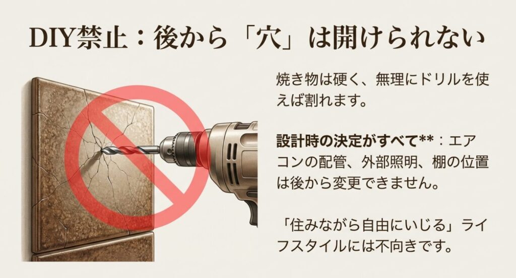 画像タイトル： DIYによる穴あけの禁止とリスク 


代替テキスト： 焼き物は硬くドリルで割れるため後からの穴あけはできず 、エアコン配管などの位置は設計時に決定する必要があることを示すスライド 。