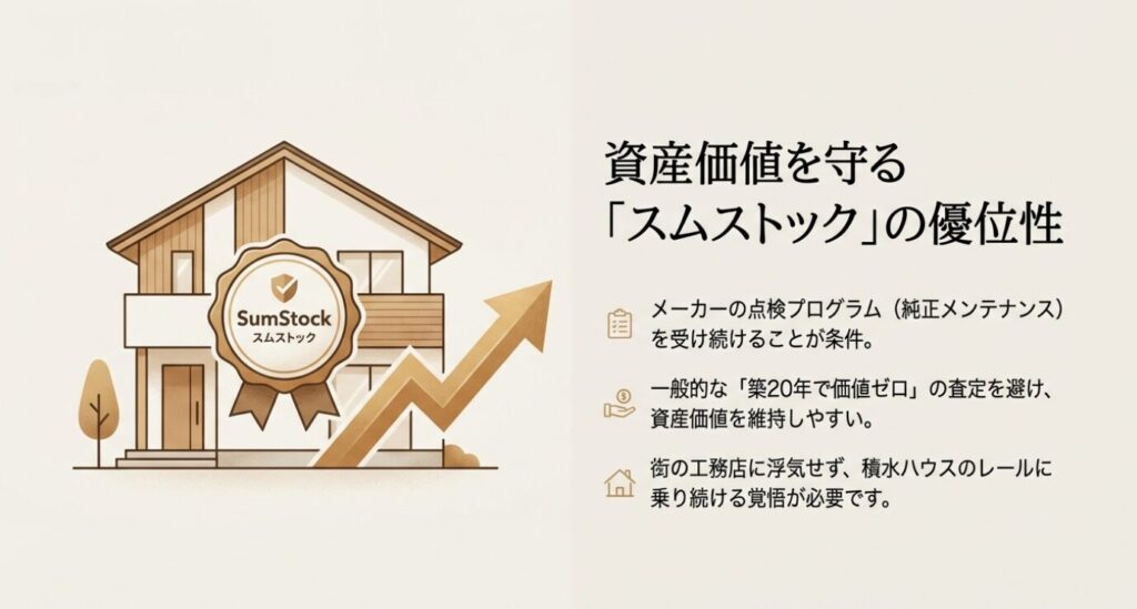 画像タイトル： スムストックによる資産価値の維持 


代替テキスト： メーカーの純正メンテナンスを受け続けることで 、スムストック制度により築20年以降も資産価値を維持しやすいことを解説するスライド