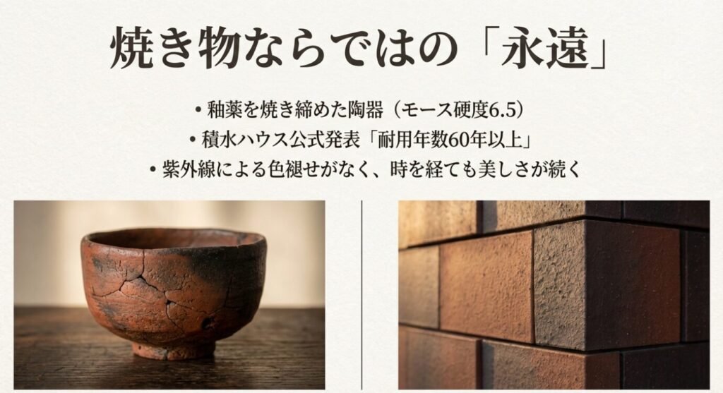 画像タイトル： ベルバーン本体の耐用年数と特性


代替テキスト： ベルバーンはモース硬度6.5の陶器であり、積水ハウス公式発表で耐用年数60年以上、紫外線による色褪せがないことを示すスライド