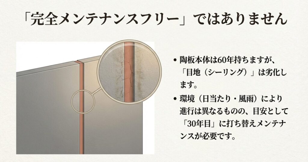 画像タイトル： ベルバーン目地の劣化とメンテナンス時期


代替テキスト： 陶板本体は60年持つものの目地は劣化するため、目安として30年目に打ち替えメンテナンスが必要であることを示すスライド