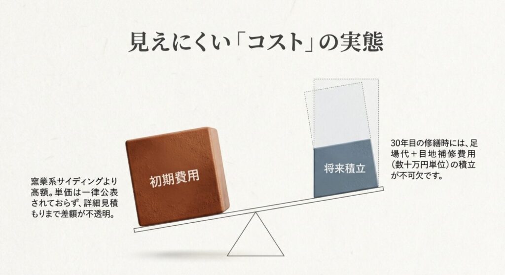 画像タイトル： ベルバーンの初期費用と将来積立のバランス


代替テキスト： 窯業系サイディングより高額な初期費用に加え、30年目の修繕時には足場代と目地補修費用の将来積立が不可欠であることを示すシーソーのイラスト