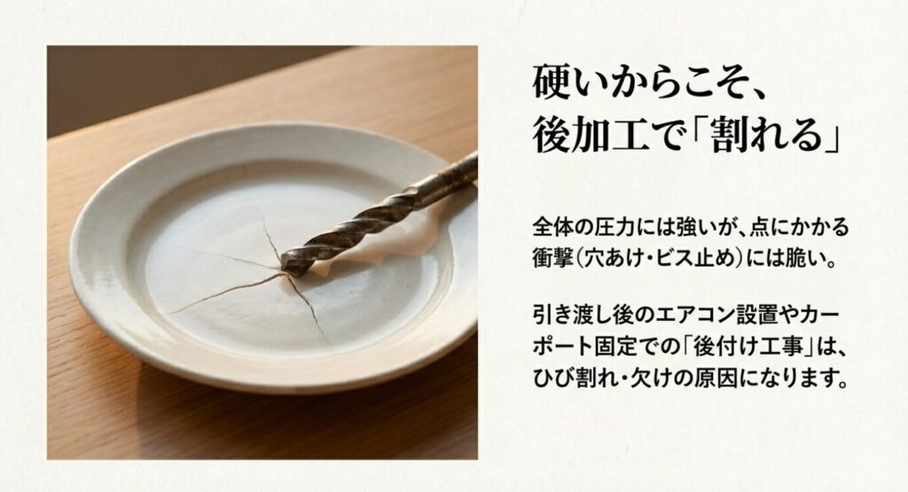 画像タイトル： ベルバーンの後加工によるひび割れリスク


代替テキスト： 全体の圧力には強いが点にかかる衝撃に脆く、引き渡し後のエアコン設置などの後付け工事で割れる原因になることを説明するスライド