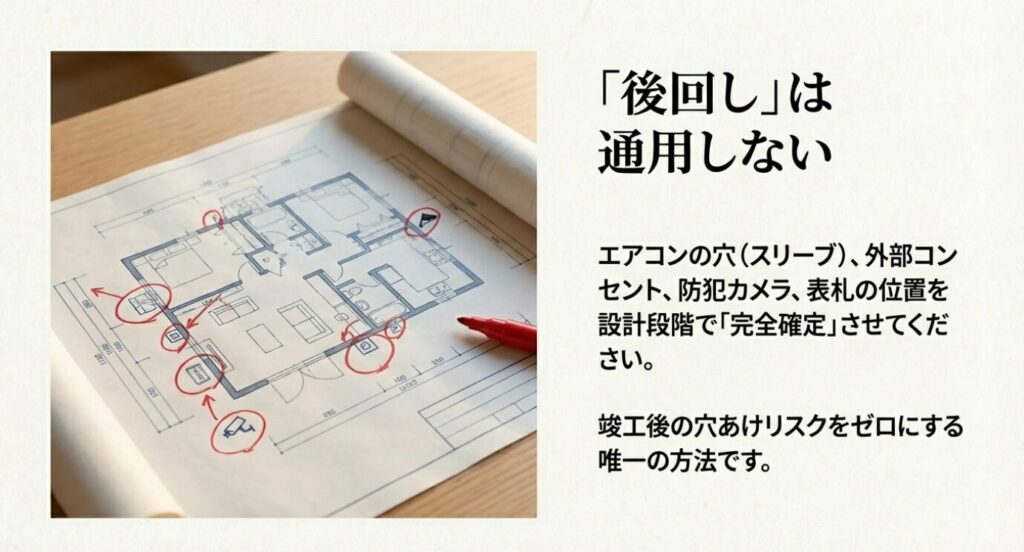 画像タイトル： 設備位置の事前確定の重要性


代替テキスト： エアコンの穴や外部コンセントなどの位置を設計段階で完全確定させることが、竣工後の穴あけリスクをゼロにする唯一の方法であると警告する図面スライド