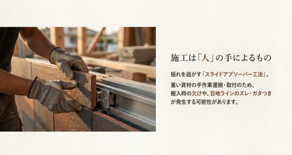 画像タイトル： 手作業によるスライドアブソーバー工法の施工


代替テキスト： 重い資材を手作業で運搬・取付するため、搬入時の欠けや目地ラインのズレが発生する可能性があることを説明する職人の写真