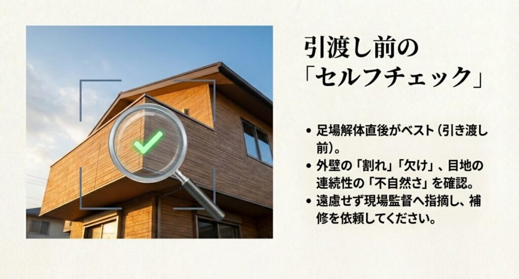 画像タイトル： 足場解体直後の外壁セルフチェックポイント


代替テキスト： 足場解体直後に外壁の割れや欠け、目地の不自然さを確認し、遠慮せず現場監督へ補修を依頼するよう促すスライド