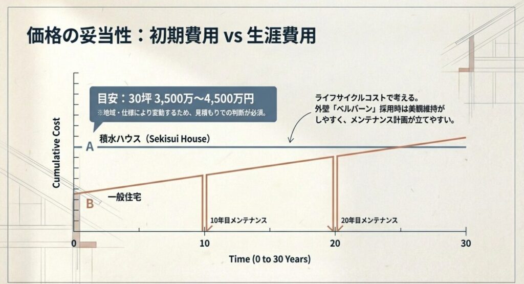 画像タイトル: 初期費用とライフサイクルコストの比較グラフ 代替テキスト: 一般住宅と積水ハウスの30年間の費用推移グラフ。ベルバーン採用によるメンテナンスコスト削減で、長期的な生涯費用が抑えられる仕組みの解説。