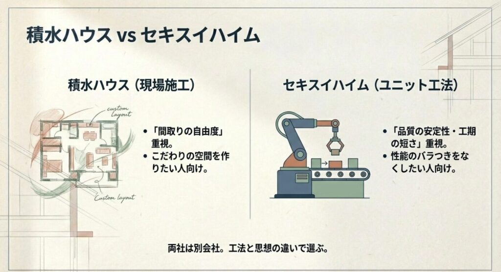 画像タイトル: 積水ハウスとセキスイハイムの比較 代替テキスト: 現場施工で自由な間取りの「積水ハウス」と、ユニット工法で品質安定の「セキスイハイム」。それぞれの特徴と選び方を比較したイラスト図。