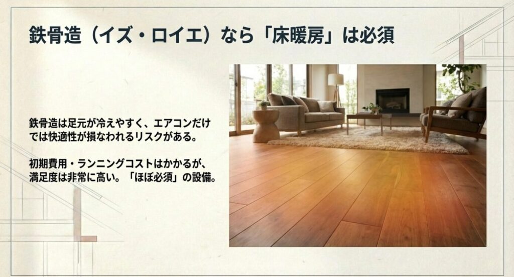 画像タイトル: 鉄骨造における床暖房の重要性 代替テキスト: 広々としたリビングの写真。鉄骨造（イズ・ロイエ）では足元の冷え対策として床暖房がほぼ必須であることを解説したスライド。