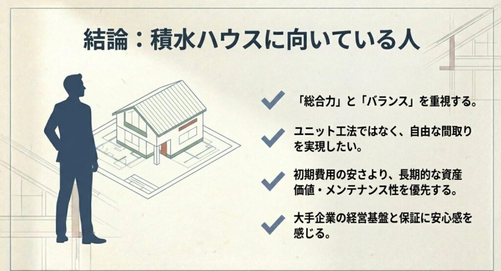 画像タイトル: 【結論】積水ハウスに向いている人 代替テキスト: 総合力重視、自由な間取り、長期的な資産価値など、積水ハウスを選ぶべき人の特徴をまとめたチェックリスト