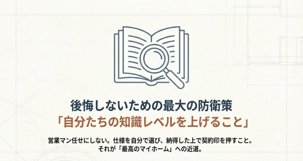 画像タイトル: 後悔しないための最大の防衛策 代替テキスト: 営業マン任せにせず、自分たちで知識をつけて仕様を選ぶことの重要性を説く、本と虫眼鏡のイラストスライド。