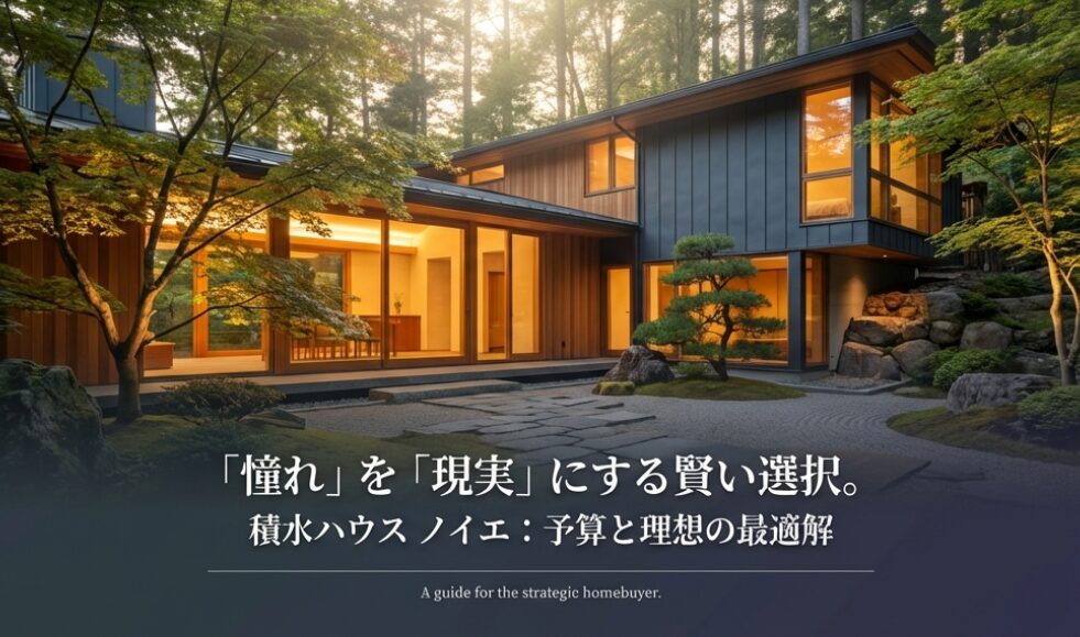 画像タイトル: 積水ハウスノイエのコンセプト
代替テキスト: 積水ハウスノイエのコンセプト画像。洗練された平屋の外観写真と共に「憧れを現実にする賢い選択。予算と理想の最適解」というキャッチコピーが書かれている。