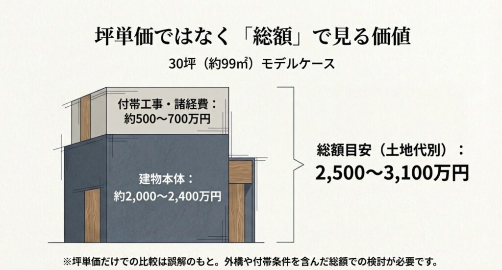 画像タイトル: 積水ハウスノイエの30坪モデルケース費用感
代替テキスト: 30坪(約99平米)のモデルケース図解。建物本体が約2,000〜2,400万円、付帯工事・諸経費が約500〜700万円、総額目安2,500〜3,100万円(土地代別)という内訳が示されている。