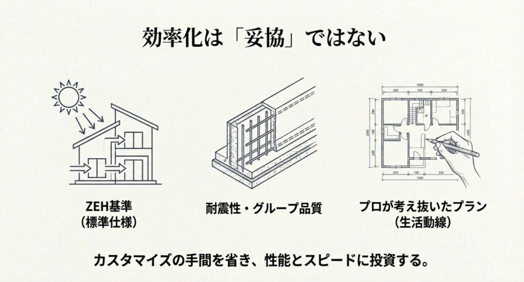 画像タイトル: 積水ハウスノイエの品質と設計思想
代替テキスト: ZEH基準の断熱性、耐震性、プロが考え抜いた生活動線のプランニングについてのイラスト。カスタマイズの手間を省き、性能とスピードに投資する効率化のメリットを解説している。