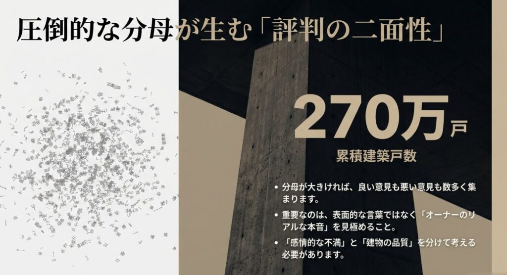 画像タイトル: 圧倒的な実績数が生む評判の二面性 代替テキスト: 270万戸という膨大な累積建築戸数が分母にあるため、必然的に良い意見も悪い意見も多く集まる構造を示したワードクラウド風の図。