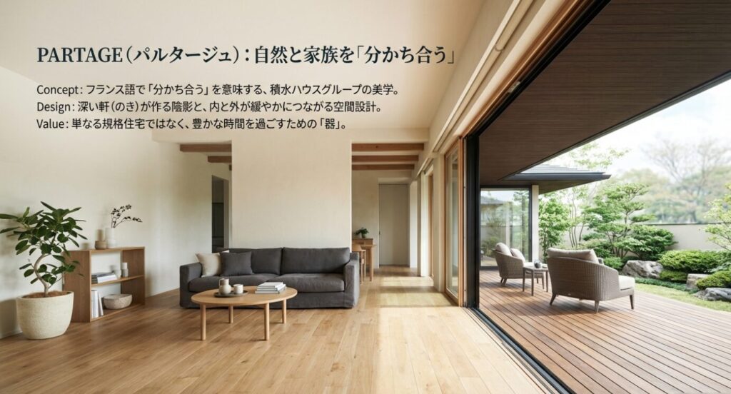 画像タイトル: 積水ハウスグループのデザイン思想「PARTAGE(パルタージュ)」
代替テキスト: フランス語で「分かち合う」を意味するデザインコンセプトの解説。深い軒がつくる陰影と、内と外がつながる空間設計の美学について説明されている。