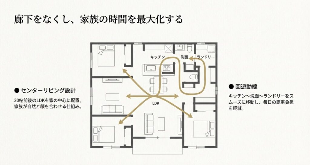 画像タイトル: 家族の時間を最大化するセンターリビングと回遊動線
代替テキスト: 平屋の間取り図。20帖前後のLDKを中心とした「センターリビング設計」と、キッチン・洗面・ランドリーをスムーズに結ぶ「回遊動線」が矢印で図解されている。