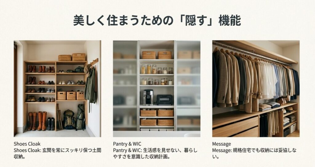 画像タイトル: 美しく住まうための収納機能(シューズクローク・パントリー)
代替テキスト: 整理整頓されたシューズクローク、パントリー、ウォークインクローゼットの実例写真。「規格住宅でも収納には妥協しない」というメッセージと共に、生活感を隠す機能性が紹介されている。