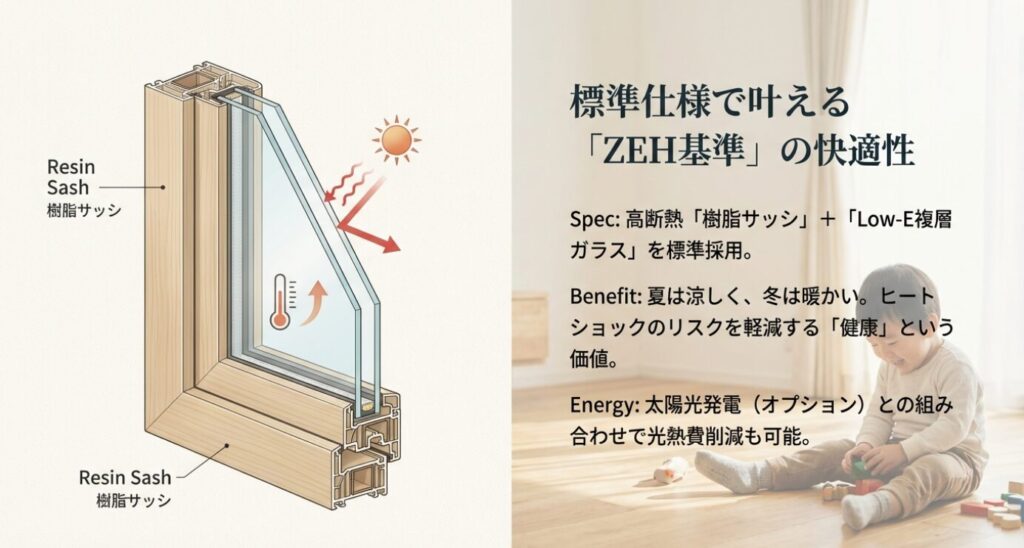 画像タイトル: ZEH基準をクリアする高断熱・標準仕様
代替テキスト: 樹脂サッシとLow-E複層ガラスの構造図解。標準仕様でZEH基準の快適性を叶え、夏は涼しく冬は暖かい健康的な住環境を実現するスペックが説明されている。