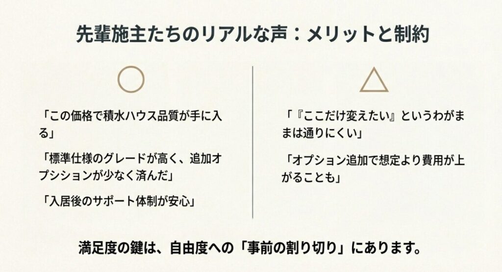 画像タイトル: 先輩施主のリアルな声と満足度の鍵
代替テキスト: 施主のメリット(品質と価格の両立、サポートの安心感)と制約(自由度の低さ)をまとめたリスト。「満足度の鍵は、自由度への事前の割り切りにある」というアドバイスが記されている。