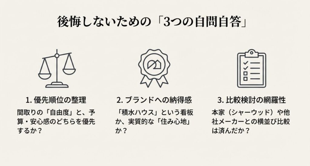画像タイトル: 後悔しないための3つの自問自答
代替テキスト: 天秤とチェックリストのイラスト。「優先順位の整理」「ブランドへの納得感」「比較検討の網羅性」という、一生に一度の選択を最高のものにするための3項目が示されている直後。