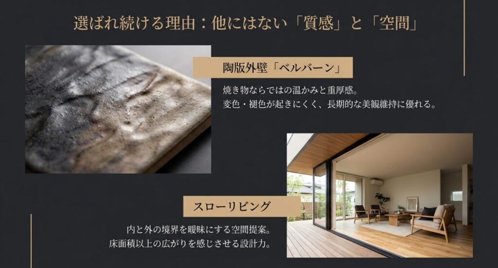 画像タイトル: 唯一無二の「質感」と「空間」 代替テキスト: 陶版外壁ベルバーンの重厚な質感のアップ写真と、リビングとテラスがフラットにつながるスローリビングの美しい内観写真。