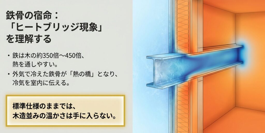 画像タイトル: 鉄骨の宿命「ヒートブリッジ現象」のメカニズム
代替テキスト: 鉄が木の約350〜450倍熱を通しやすいことを示し、外気で冷えた鉄骨が「熱の橋」となって冷気を室内に伝えるヒートブリッジ現象の説明。