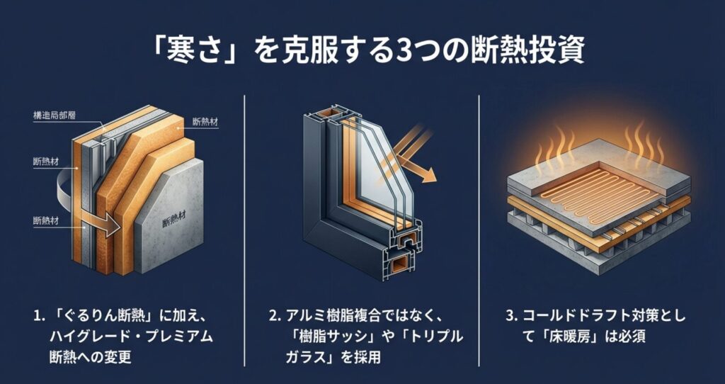 画像タイトル: 寒さを克服する3つの断熱投資(ぐるりん断熱・樹脂サッシ・床暖房)
代替テキスト: 積水ハウスの「ぐるりん断熱」の構造図、トリプルガラスや樹脂サッシの断面図、および床暖房によるコールドドラフト対策をイメージした3つの図解。