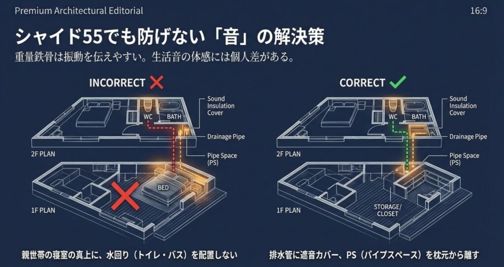 画像タイトル: 音トラブルを防ぐ間取りの正解・不正解(ゾーニング例)
代替テキスト: 2階のトイレ・浴室の真下に1階の寝室を配置した「不正解例」と、収納を挟んだり配管位置を離したりして音漏れを防ぐ「正解例」を比較した3D間取り図。