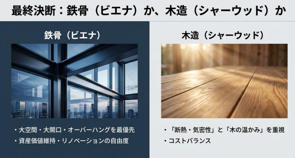 画像タイトル: 最終決断:重量鉄骨(ビエナ)か木造(シャーウッド)か
代替テキスト: ビエナ(鉄骨)の強みである大空間・資産価値と、シャーウッド(木造)の強みである断熱性・木の質感を対比させた比較イメージ。