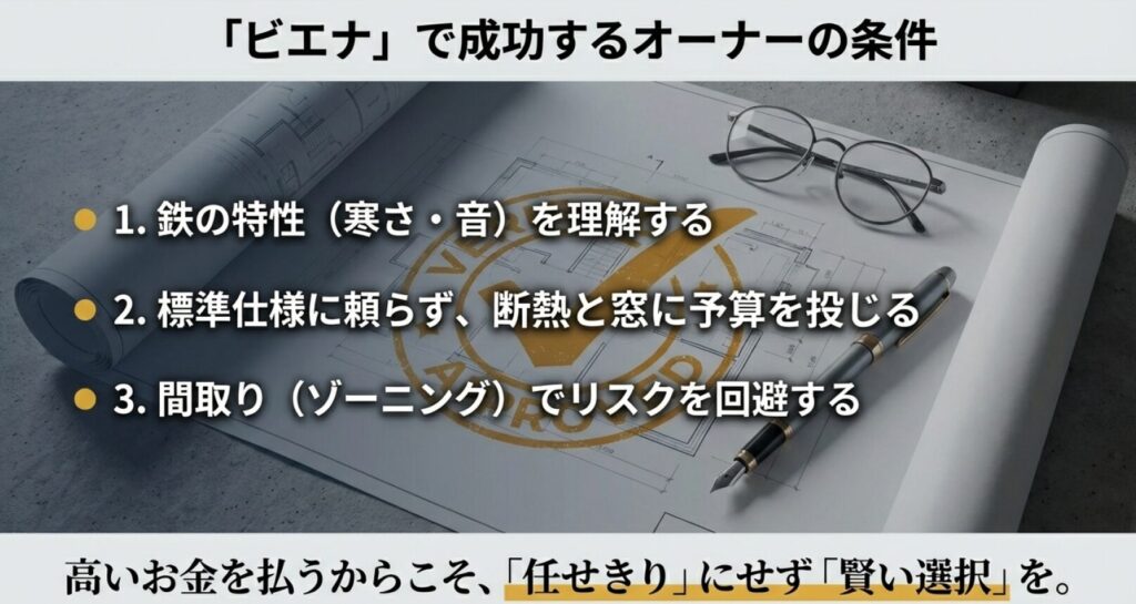 画像タイトル: ビエナで成功するオーナーの3つの条件
代替テキスト: 鉄の特性理解、断熱への予算投入、間取りでのリスク回避という、ビエナでの家づくりを成功させるための3つのポイントをまとめたチェックリスト。