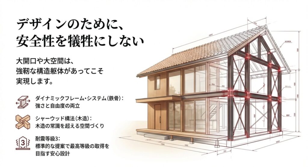 画像タイトル: 自由なデザインを支える強靭な構造技術 代替テキスト: ダイナミックフレーム・システム（鉄骨）とシャーウッド構法（木造）の構造パース図。大開口を実現しつつ耐震等級3を目指す設計思想の解説。