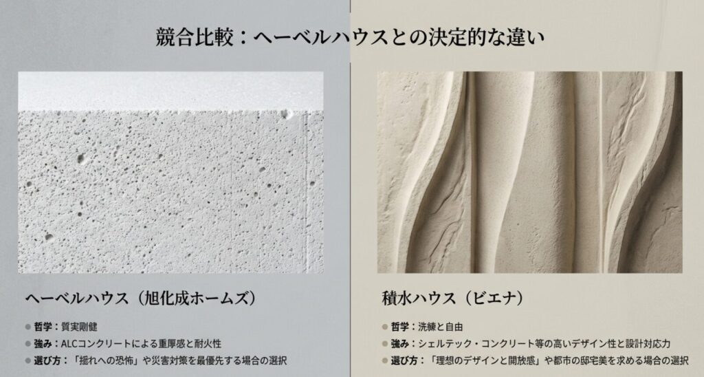 画像タイトル: 競合比較:ヘーベルハウス(剛健)と積水ハウス(洗練)の違い
代替テキスト: ヘーベルハウスの「質実剛健・耐火性」と、積水ハウス(ビエナ)の「洗練・デザイン自由度」という強みの違いを対比させた比較図。