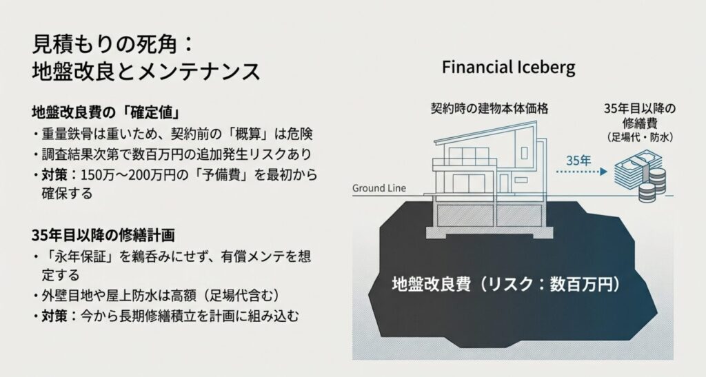 画像タイトル: 見積もりの死角:地盤改良費と35年目以降のメンテナンス費
代替テキスト: 契約時の本体価格の下に隠れている「地盤改良費(リスク数百万円)」と「35年目以降の防水・足場代」を氷山の一角として表現した図解。