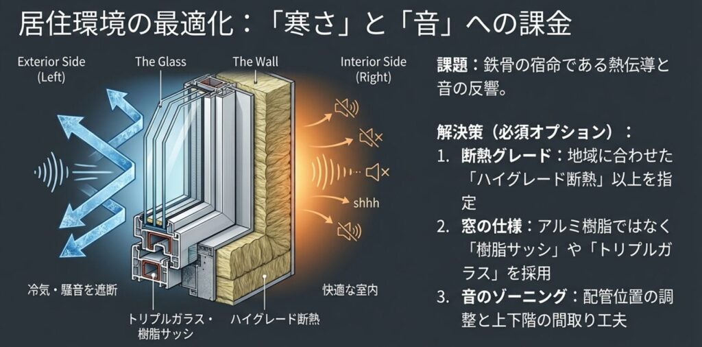 画像タイトル: 契約前の最終確認:後悔回避チェックリスト
代替テキスト: 断熱グレード、窓の仕様、音のゾーニング、家事動線、地盤予備費の5項目を確認するためのチェックリスト画像。