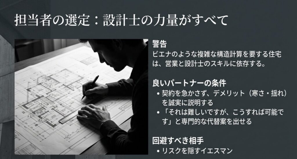 画像タイトル: 担当者の選定:信頼できる設計士と避けるべきイエスマン
代替テキスト: 複雑な構造計算を要するビエナにおいて、デメリットを説明し代替案を出せる「良いパートナー」と、リスクを隠す「回避すべき相手」の特徴リスト。