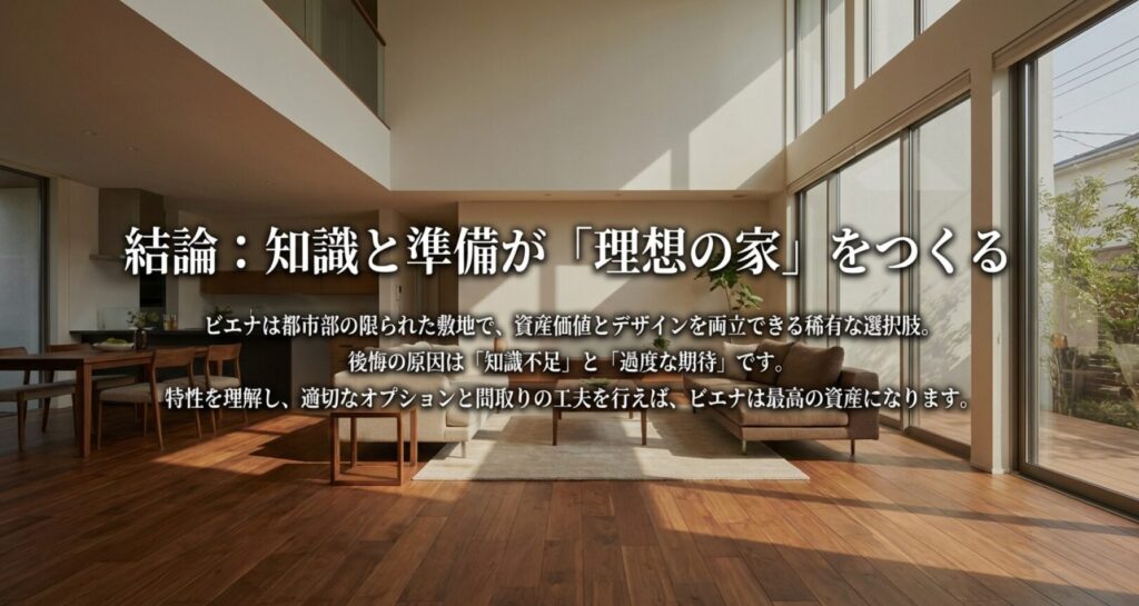 画像タイトル: 結論:知識と準備がビエナの成功を決める
代替テキスト: ビエナで後悔しないためには知識と準備が不可欠であり、適切なオプション選択を行えば最高の資産になるという結論メッセージ。