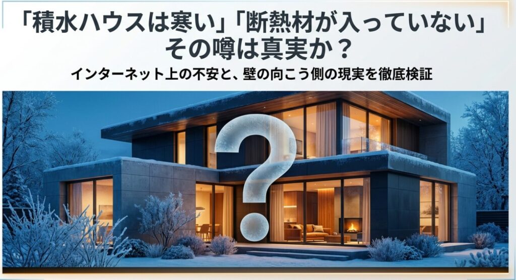 画像タイトル: 積水ハウスの断熱の噂を徹底検証

代替テキスト: 雪景色のモダンな住宅と、その中央に浮かぶ大きなクエスチョンマークのイメージ画像