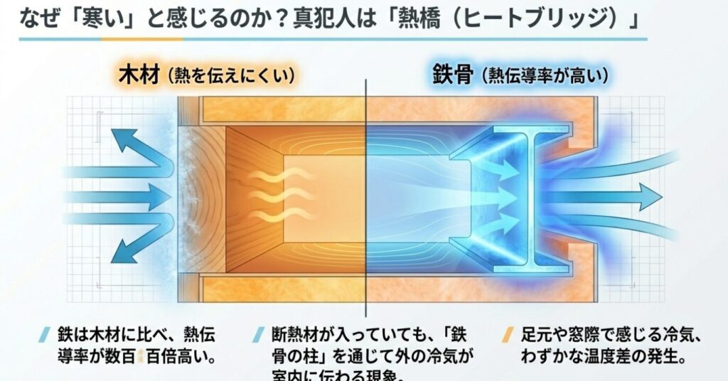 画像タイトル: 寒さの原因となる「熱橋（ヒートブリッジ）」のメカニズム

代替テキスト: 熱を伝えにくい木材と、外の冷気を室内に伝えてしまう熱伝導率の高い鉄骨の違いを示した比較図