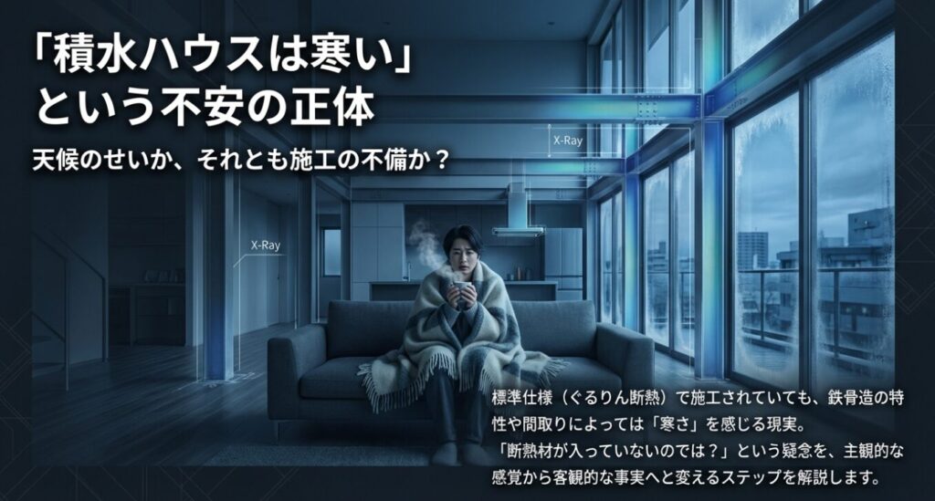 画像タイトル: 寒さの不安を客観的な事実に変えるアプローチ

代替テキスト: 住宅の透視図と「積水ハウスは寒い」という不安を客観的な事実へと変える検証ステップのイメージ