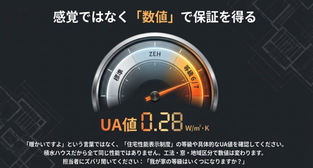 画像タイトル: 住宅性能表示制度の断熱等級とUA値の確認

代替テキスト: ZEHや断熱等級6・7などの数値を示すスピードメーター型の計器イラスト