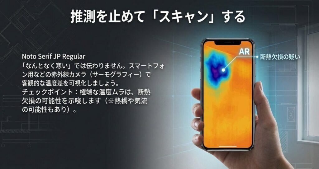 画像タイトル: スマートフォン用赤外線カメラによる断熱欠損のセルフチェック

代替テキスト: スマートフォン用の赤外線カメラで室内の極端な温度ムラをスキャンしている様子