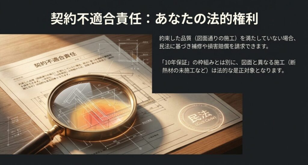 画像タイトル: 図面と異なる施工に対する契約不適合責任と法的な権利

代替テキスト: 民法の法律書と天秤のイラストで、契約不適合責任に関する法的権利を示した図解