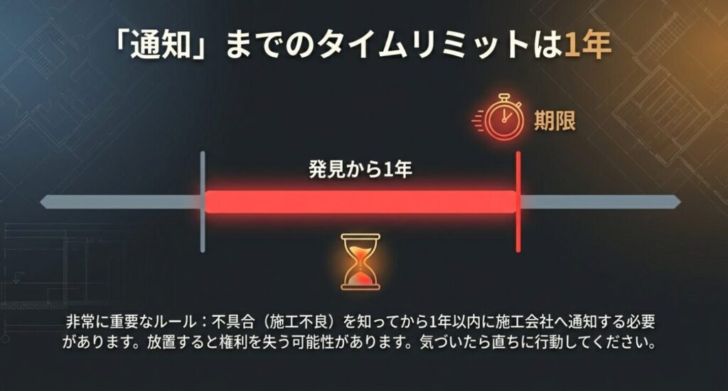 画像タイトル: 施工不良の発見から施工会社への通知までのタイムリミット

代替テキスト: 施工不良の発見から1年という通知期限を赤いバーとタイマーで示したタイムライン画像