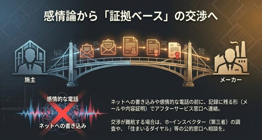 画像タイトル: 感情的なクレームではなく記録に残る証拠ベースの交渉を

代替テキスト: ネットへの書き込みや感情的な電話を避け、メールなど記録に残る形でアフターサービス窓口へ連絡することを推奨する図
