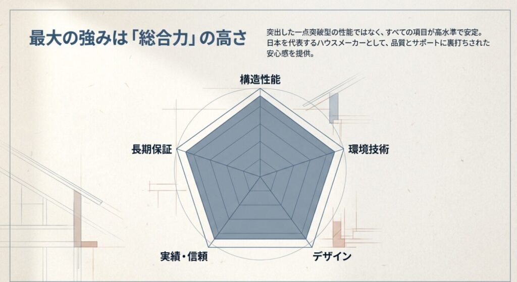画像タイトル: 積水ハウス最大の強みは「総合力」 代替テキスト: 特定の性能だけでなく、構造・保証・実績・デザイン・環境のすべてが高水準で安定していることを示すスライド。