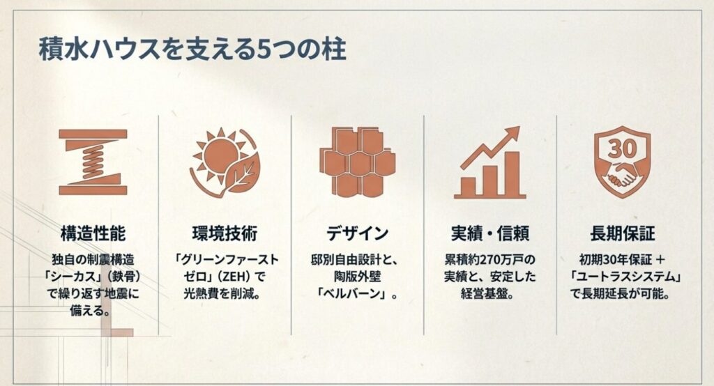 画像タイトル: 積水ハウスを支える5つの柱（構造・環境・デザイン・実績・保証） 代替テキスト: 制震構造シーカス、ZEH、ベルバーン、累積270万戸の実績、長期保証といった5つの強みをアイコン付きで解説した図。